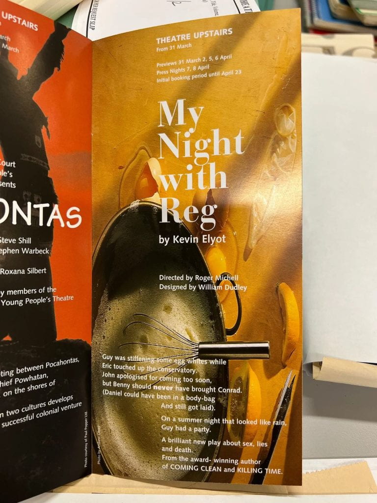 A handbill advertising the play 'My Night with Reg' by Kevin Elyot