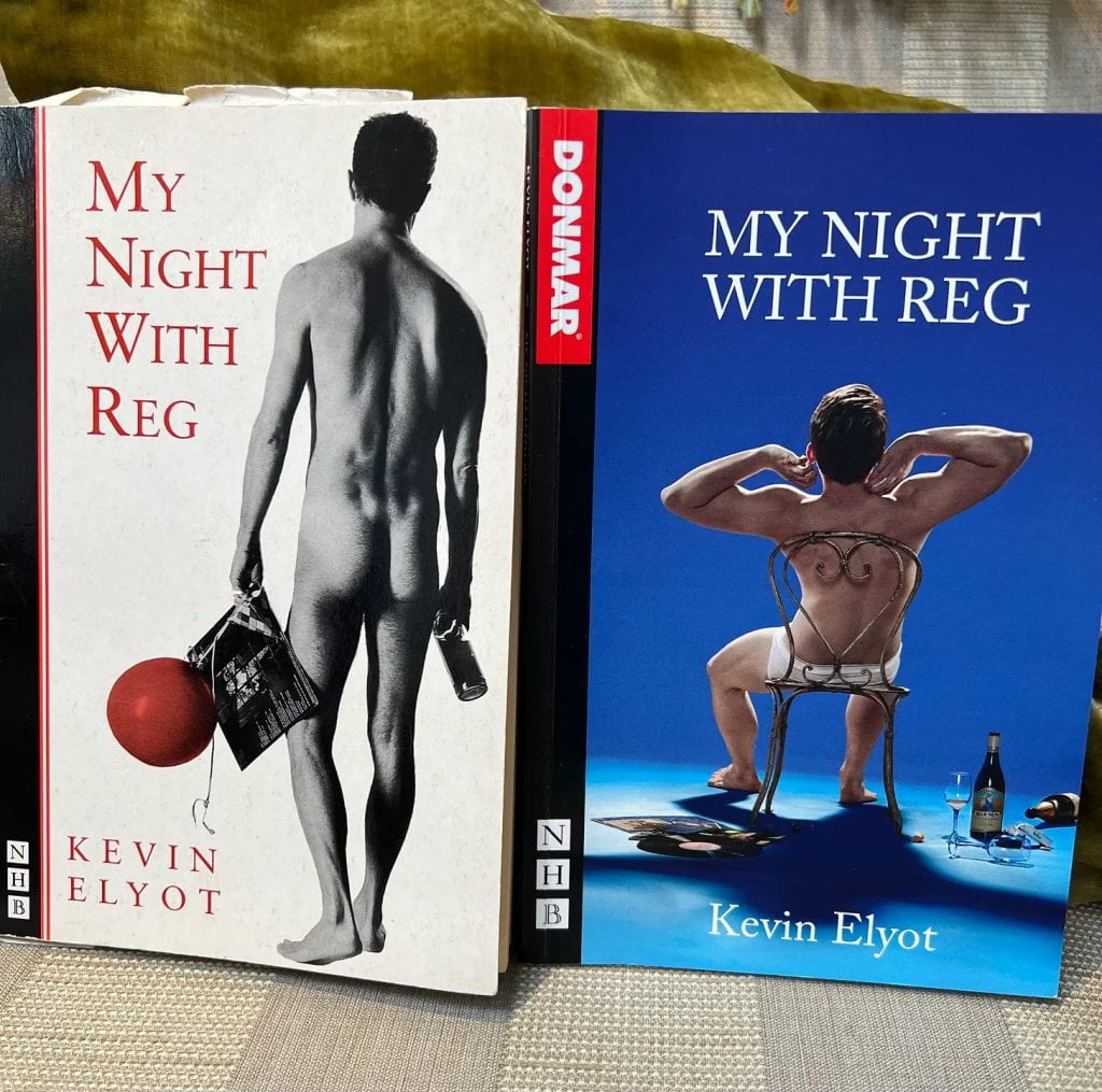 Two front covers of playscript 'My Night with Reg' by Kevin Elyot